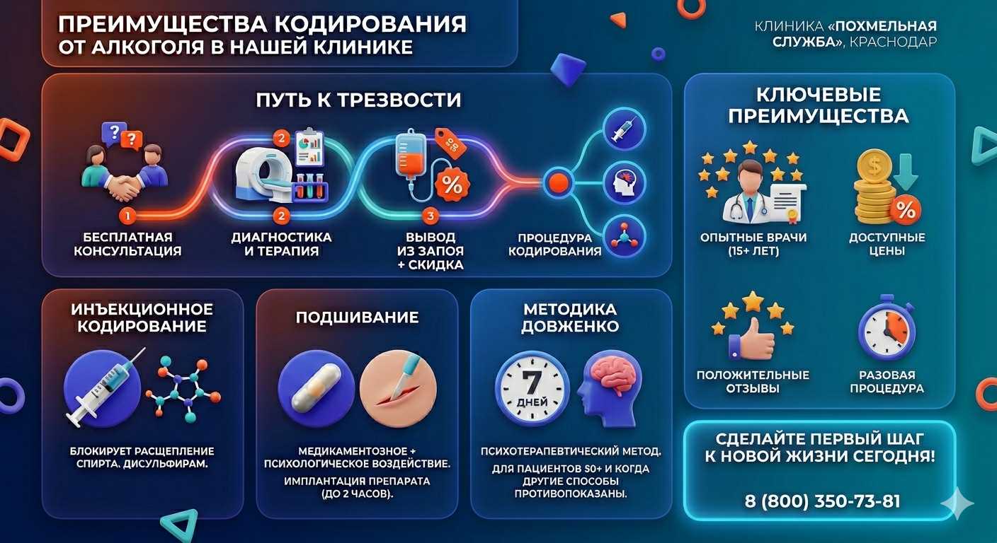 Инфографика о методах кодирования от алкоголя в Панковке: инъекции, подшивание, метод Довженко. Преимущества клиники и этапы лечения.